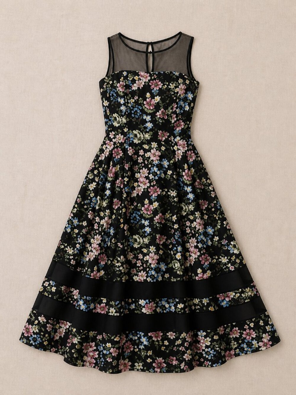 Aidan Mattox Black Floral Midi Dress Illusion Neck Fit Flare Size 8 NWT